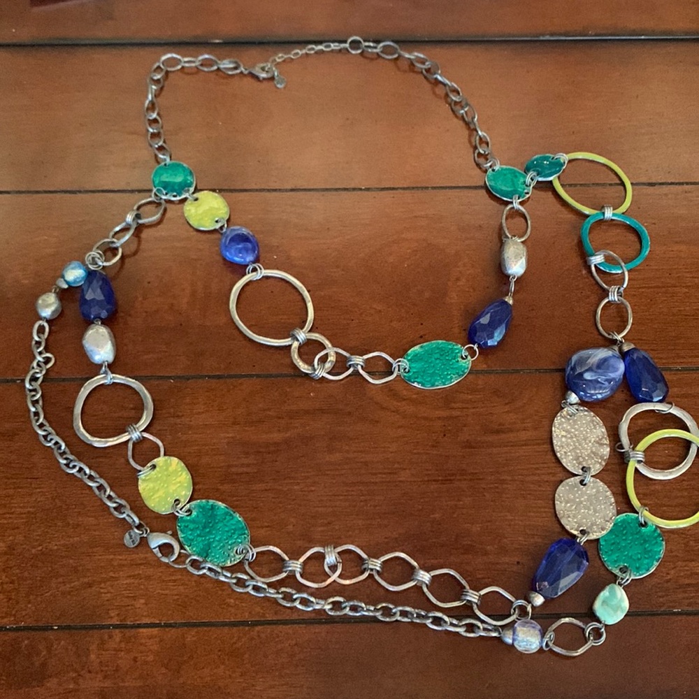 Blue green silver multi strand necklace